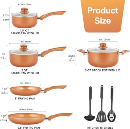 M MELENTA Pots and Pans Set Ultra Nonstick, Pre-Installed 11pcs Cookware Set Copper with Ceramic Coating, Stay cool handle & Nylon Kitchen Utensils, Gas\/Induction Compatible, 100% PFOA Free | Compact Nonstick Cooking Set, Induction Cookware Set, PFOA & PFAS Free, Non-Toxic Pots and Pans, Easy Food Release