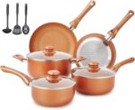 M MELENTA Pots and Pans Set Ultra Nonstick, Pre-Installed 11pcs Cookware Set Copper with