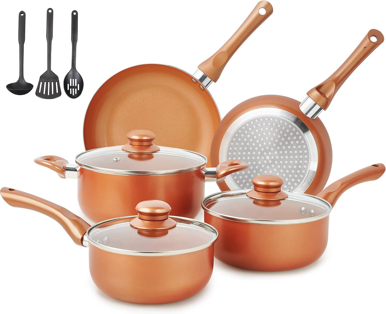 M MELENTA Pots and Pans Set Ultra Nonstick, Pre-Installed 11pcs Cookware Set Copper with Ceramic Coating, Stay cool handle & Nylon Kitchen Utensils, Gas\/Induction Compatible, 100% PFOA Free | Compact Nonstick Cooking Set, Induction Cookware Set, PFOA & PFAS Free, Non-Toxic Pots and Pans, Easy Food Release M MELENTA Pots and Pans Set Ultra Nonstick, Pre-Installed 11pcs Cookware Set Copper with - Image 1