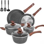 M MELENTA Pots and Pans Set Ultra Nonstick, Pre-Installed 11pcs Cookware Set Copper with Ceramic Coating, Stay cool handle & Nylon Kitchen Utensils, Gas\/Induction Compatible, 100% PFOA Free | Compact Nonstick Cooking Set, Induction Cookware Set, PFOA & PFAS Free, Non-Toxic Pots and Pans, Easy Food Release