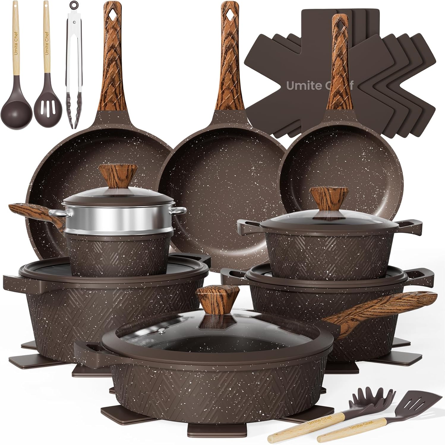 Umite Chef 26PCS Pots and Pans Set Non Stick, Nonstick Cookware Sets, Induction Cook Ware, Includes Steamer & Silicone Utensils, Housewarming Gift, Kitchen Cooking Sets w\/Frying pan (PFOS, PFOA Free)